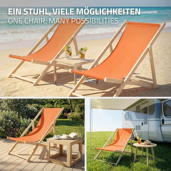 Klappbarer Liegestuhl aus Holz mit orangefarbenem Stoffbezug in verschiedenen Umgebungen wie Strand, Garten und beim Camping.