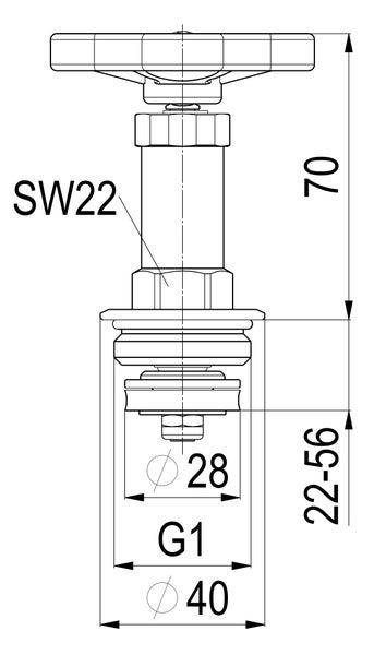 Maßzeichnung eines Ventils: Höhe 70 Millimeter, Verstellbereich 22 bis 56 Millimeter, Durchmesser 28 und 40, Gewinde G1, Schlüsselweite 22.