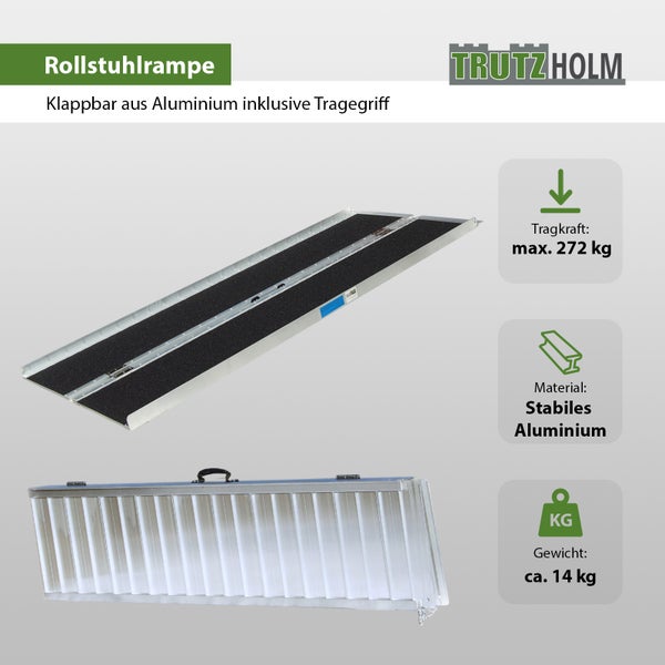 TRUTZHOLM Rollstuhlrampe klappbar 184 cm Traglast 272 kg Alu grau schwarz beschichtet Auffahrrampe