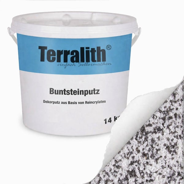 Terralith Buntsteinputz, Dekorputz auf Basis von Reinacrylaten, 14 Kilogramm Eimer mit Strukturbeispiel.