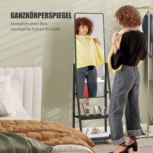 HOMCOM Ganzkörperspiegel, 42 x 155 cm Standspiegel mit Ablage, Stehspiegel mit Rolle, Bodenspiegel für Schlafzimmer, Wohnzimmer, Schwarz
