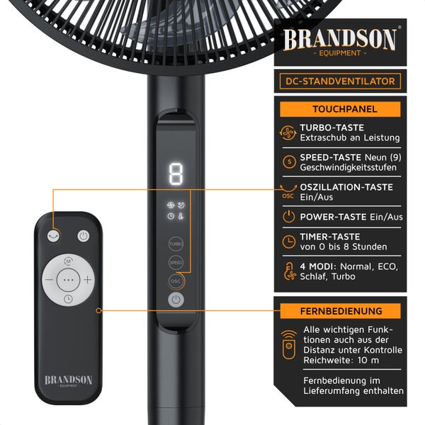 Brandson Standventilator mit DC-Motor, Ventilator mit Fernbedienung, sehr leise, energiesparend, 60°, 90° und 120° Oszillation, Timer