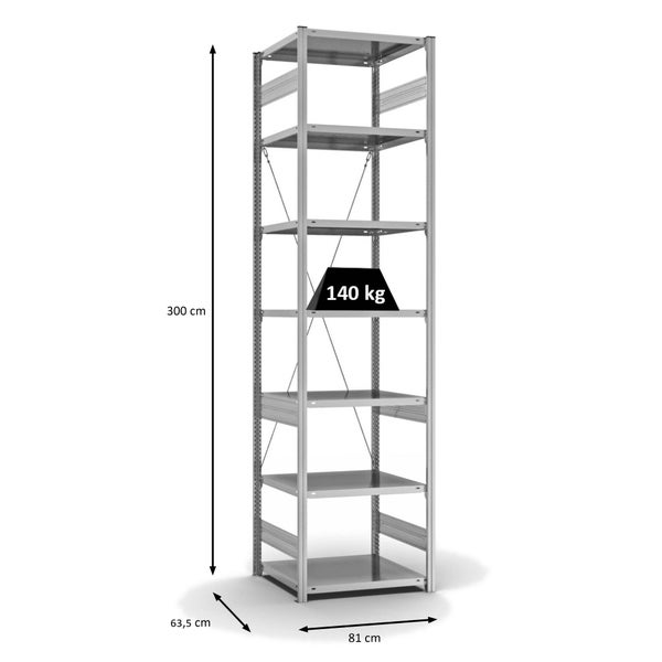 PROREGAL Fachbodenregal Stecksystem T-Profil Light-Duty Grundregal HxBxT 300 x 75 x 60 cm 7 Ebenen Fachlast 140 kg Einseitig Nutzbar Verzinkt