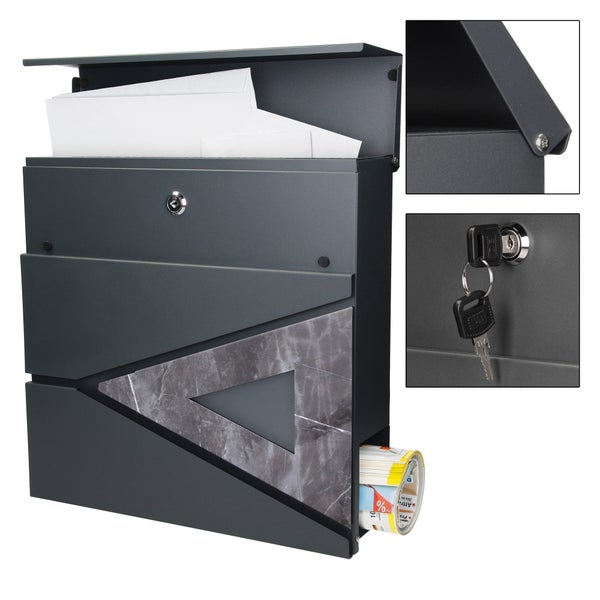 ECD Germany Standbriefkasten mit Zeitungsfach, Design Briefkasten mit Pfosten, Briefkastenanlage, Briefkastenständer Silber Edelstahl, Postkasten Anthrazit Schwarz Marmoroptik Stahl pulverbechichtet