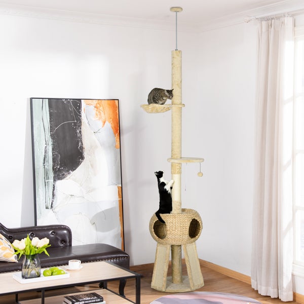 PawHut Kratzbaum Deckenhoch, 225-255 cm Katzenkratzbaum mit Katzenhöhle, Katzenbaum mit Spielball, Hängematte, Kletterbaum für Katzen bis 5 kg, Katzenmöbel, Plüsch, Beige
