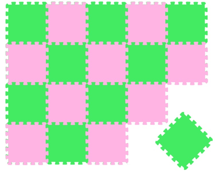 Ineinandergreifende Puzzlematten aus Schaumstoff in Grün und Rosa in Schachbrettoptik.