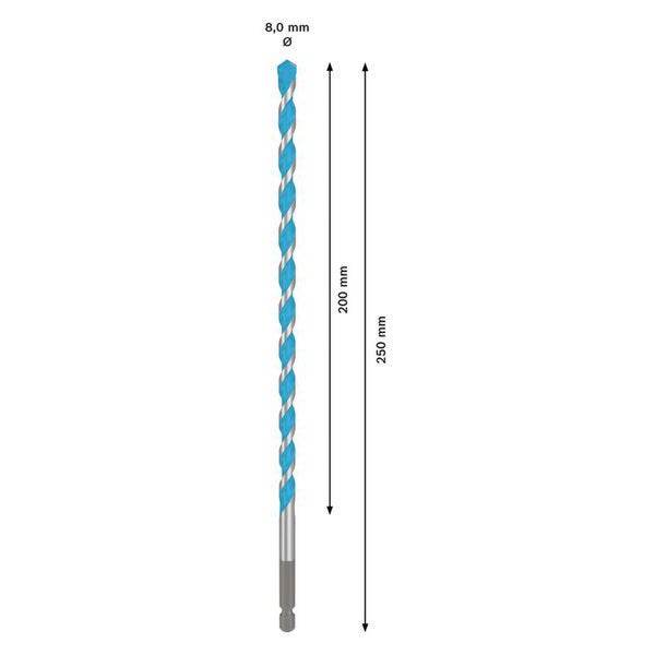 Holzbohrer mit einem Durchmesser von 8,0 mm und einer Länge von 250 mm.