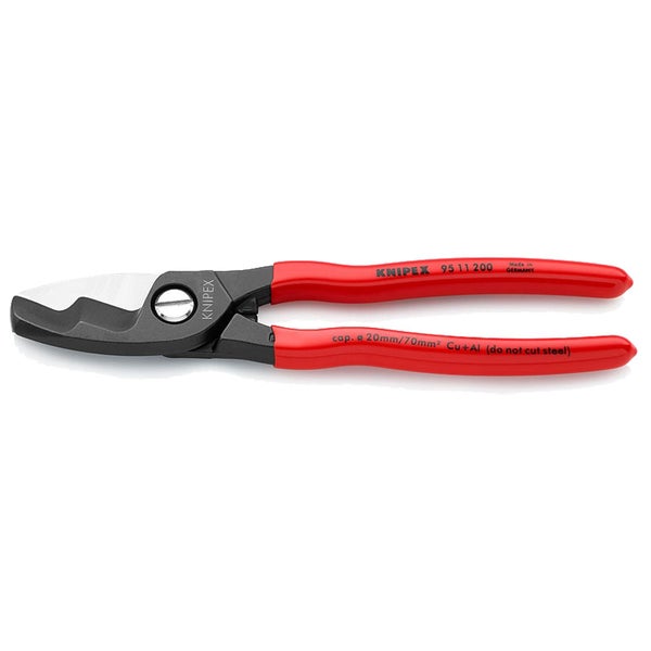 Knipex Kabelschere 95 11 200 aus Spezial-Werkzeugstahl für Kupfer- und Aluminiumkabel bis 20 Millimeter Durchmesser.