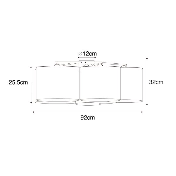 Technische Zeichnung einer Deckenleuchte mit mehreren Lampenschirmen. Breite 92 Zentimeter, Gesamthöhe 32 Zentimeter, Schirmhöhe 25,5 Zentimeter.