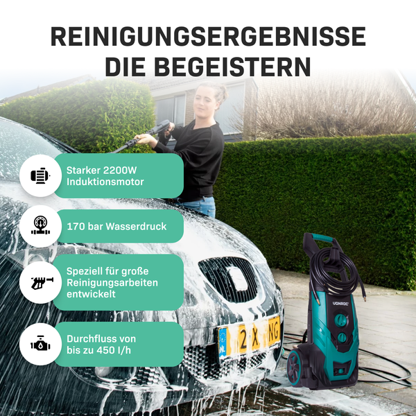 VONROC Hochdruckreiniger 170bar - Fassadenreiniger für mittelschwere Reinigungsarbeiten [2200W] - Durchfluss [450 l/h] Reinigungstank, Aluminium Pumpe - inkl. Zubehör Kit
