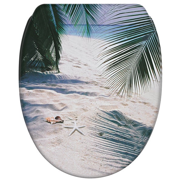 WC-Sitz mit Strandmotiv, Palmenblättern, Seestern und Muschel auf weißem Sand.