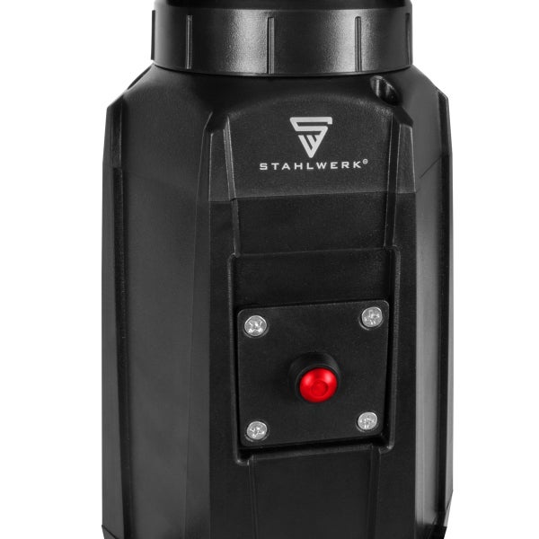 Schwarzer Laser-Entfernungsmesser mit Stahlwerk Logo