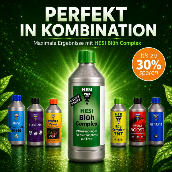 Werbebild für Hesi Pflanzendünger mit Hesi Blüh Complex und weiteren Hesi Produkten. Sparaktion mit bis zu 30 Prozent Ersparnis beim Düngerkauf.