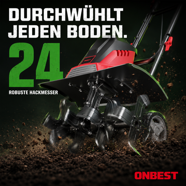 Elektrische Motorhacke von Onbest mit 24 robusten Hackmessern, die durch den Boden wühlen. Onbest Logo.