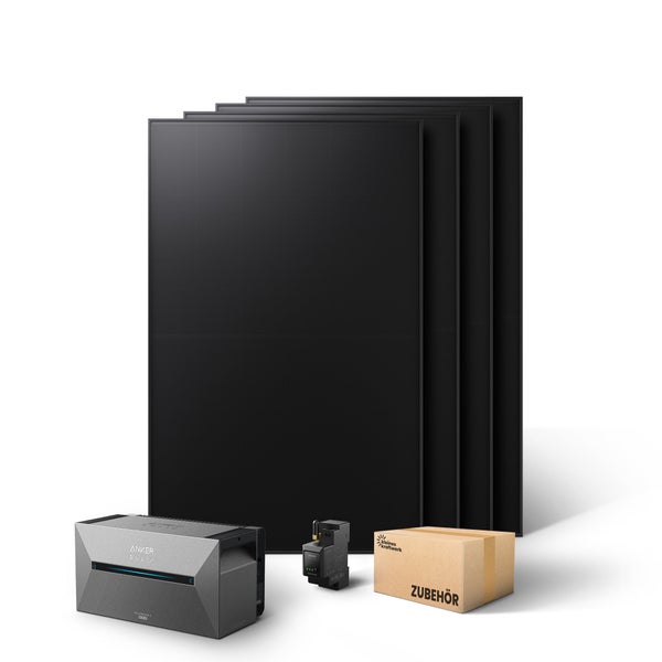 Balkonkraftwerk-Set mit vier Solarmodulen, Anker SOLIX Solarbank 2 Pro, Smart Meter und Zubehörkarton.