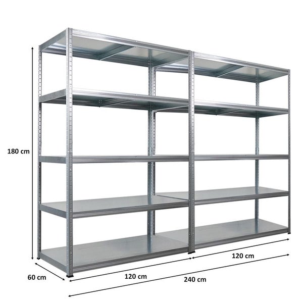 Zwei silberfarbene Metallregale mit fünf Ebenen und Maßangaben