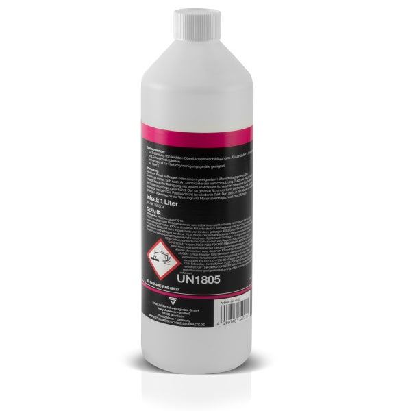 Elektrolytreiniger in einer durchsichtigen 1-Liter-Flasche zur Entfernung von leichten Oberflächenbeschädigungen und Schweißrückständen, geeignet für Elektrolytreinigungsgeräte.
