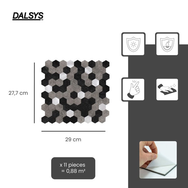 Dalsys Logo, selbstklebende Mosaikfliesen, Hexagon-Design, 29 mal 27,7 Zentimeter, 11 Stück, UV-beständig, wasserfest und pflegeleicht.