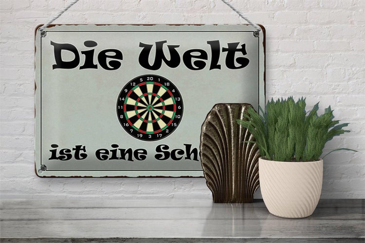 Blechschild Spruch 30x20cm Darts die Welt ist eine Scheibe