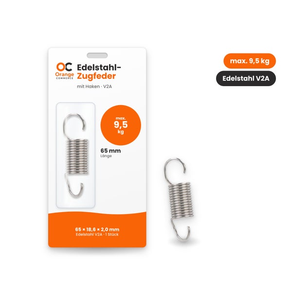 Orange Commerce Edelstahl Zugfeder mit Haken, Laenge 65 mm, maximale Belastbarkeit 9,5 kg, Edelstahl V2A, 1 Stueck