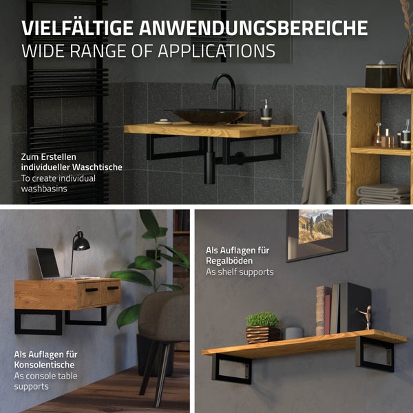 ML-Design 2er Set Wandkonsole für Waschtisch, 300x150 mm, Schwarz, Stahl, Design Waschtischhalterung, Wandhalterung Unterbau für Waschtischplatte, Konsolenträger Regalträger Regalhalter Handtuchhalter