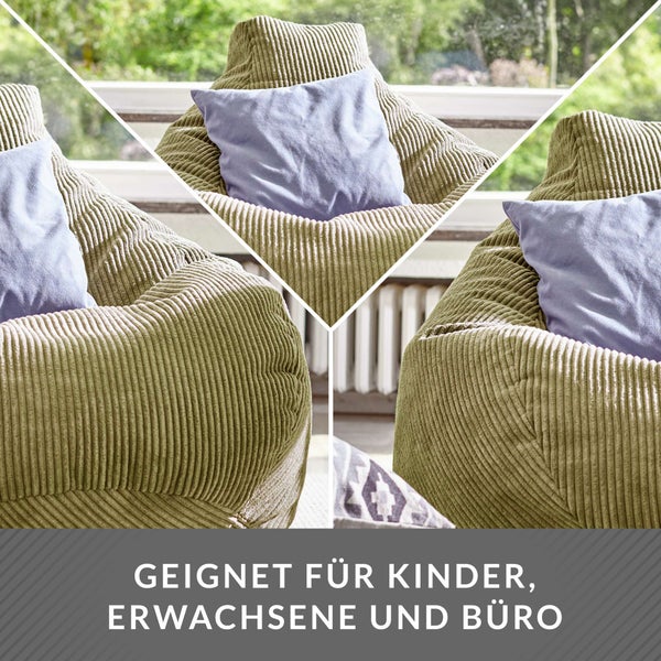 Green Bean Sitzsack mit Rückenlehne 80x80x90cm - Gaming Chair mit 230L Füllung Cordstoff - Bean Bag Bodenkissen Lounge Sitzhocker Relax-Sessel Gamer Gamingstuhl Grün