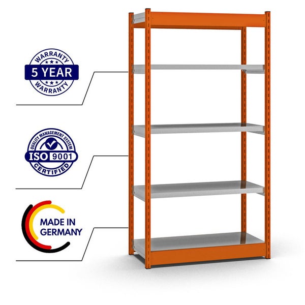 PROREGAL Fachbodenregal Stecksystem Vierkant-Profil Grundregal HxBxT 200 x 102,5 x 40 cm 5 Ebenen Einseitige Bauart Fachlast 200 kg Orange