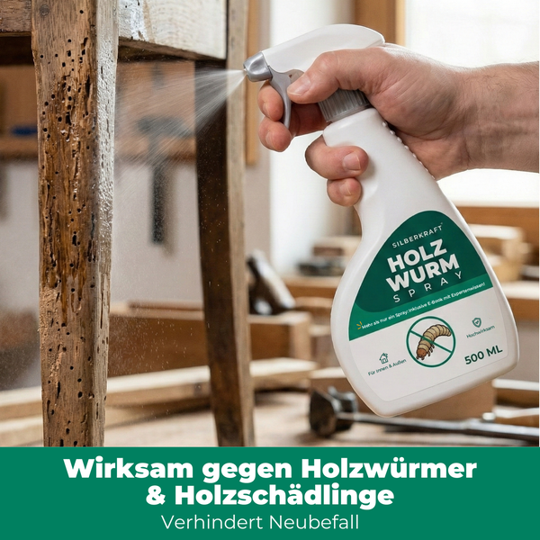 Anwendung von Holzwurmspray auf einem Holzmöbelstück mit Wurmlöchern