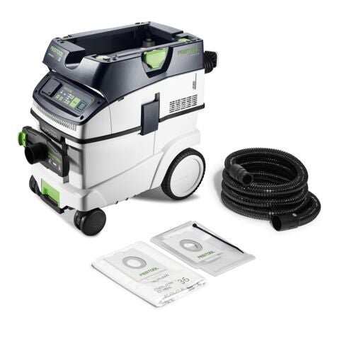 Festool Absaugmobil CT 36 mit Saugschlauch und zwei Filtersäcken.