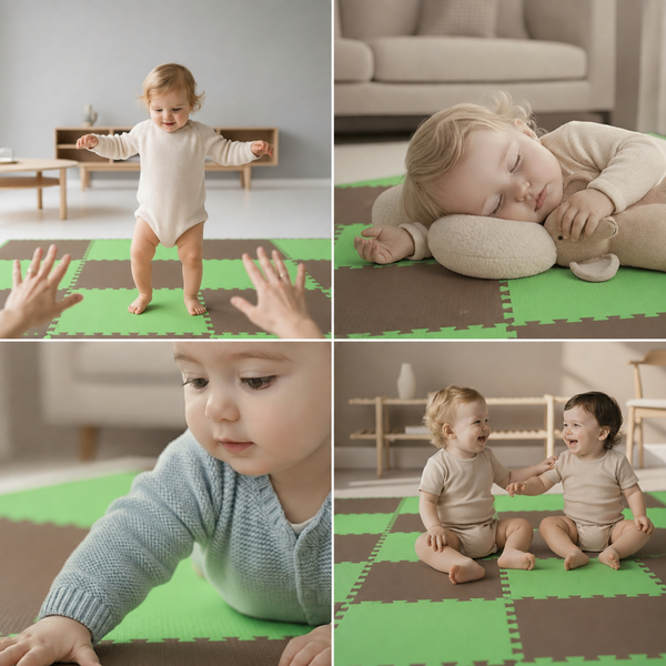Kleinkinder spielen und schlafen auf einer weichen, quadratischen Puzzlematte im Wohnzimmer.