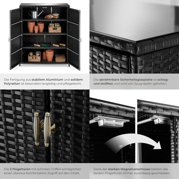 Polyrattan-Gartenschrank mit Aluminiumgestell, zwei Flügeltüren, drei Regalböden, Glasplatte und Magnetverschluss für Gartenutensilien.