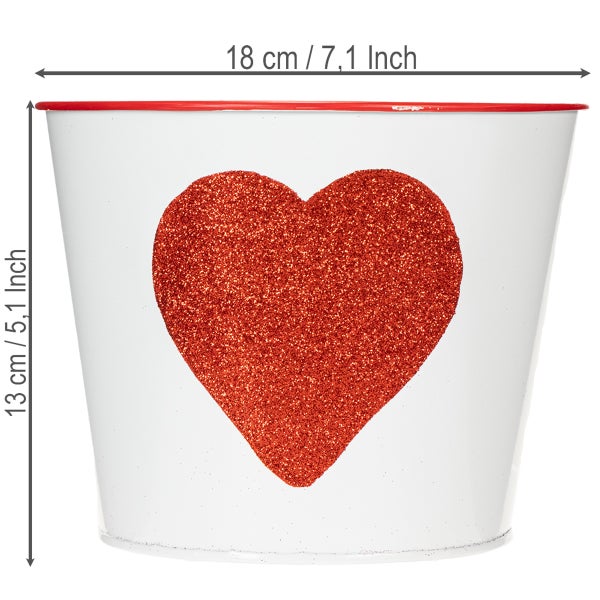 Weißer Übertopf mit rotem Glitzerherz, Durchmesser 18 Zentimeter, Höhe 13 Zentimeter