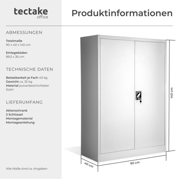 Aktenschrank aus Stahl mit zwei Türen, Schloss und Schlüssel, Abmessungen 90 x 40 x 140 cm.