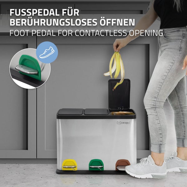 ML-Design Mülleimer Küche 3x 8L (24L), Silber, Mülltrennsystem 3 Fächer, Treteimer zur Mülltrennung, Abfalleimer aus Edelstahl mit Inneneimer aus Kunststoff & Klappdeckel, farblicher Kennzeichnung