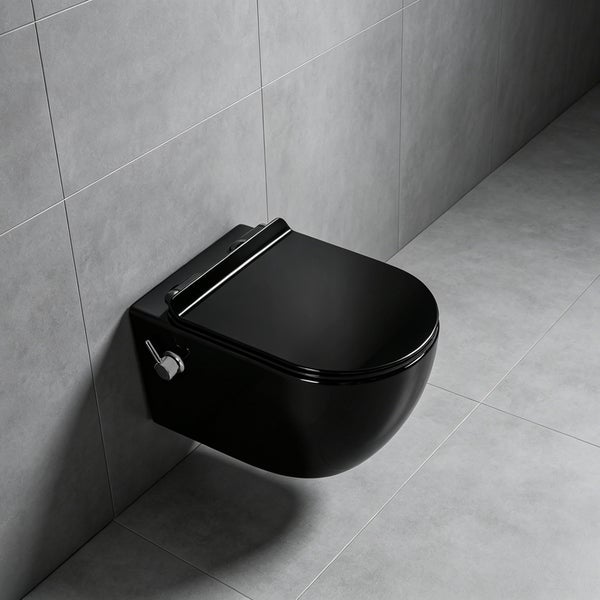 Schwarzes Wand-WC mit geschlossenem Deckel in Draufsicht auf grauen Fliesen.