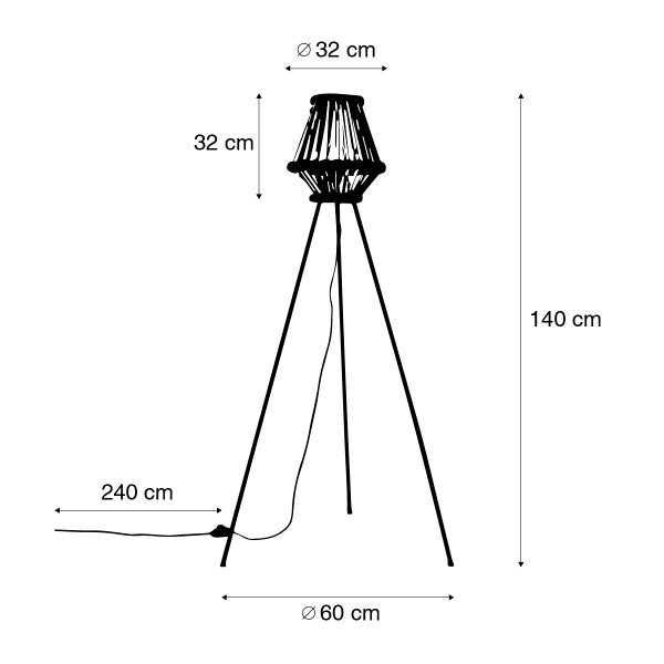Illustration einer Stehlampe mit den Maßen: Lampenschirmdurchmesser 32 cm, Lampenschirmhöhe 32 cm, Gesamthöhe 140 cm, Standfußdurchmesser 60 cm, Kabellänge 240 cm.
