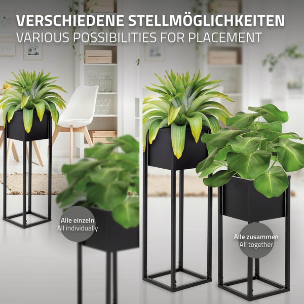 ML-Design Blumenständer im 2er Set, Schwarz, 21 x 50/70 x 21 cm, Moderne Blumentopfständer mit Übertopf, Wetterfeste und robuste Pflanzenständer aus Metall, Blumentopfhalter 2-tlg, Pflanztopf Deko