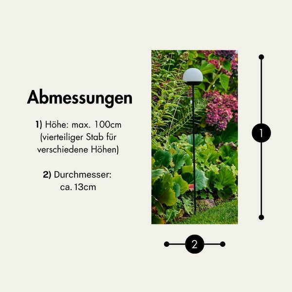 Abmessungen einer Gartenleuchte mit maximaler Höhe von 100 Zentimetern und circa 13 Zentimeter Durchmesser.