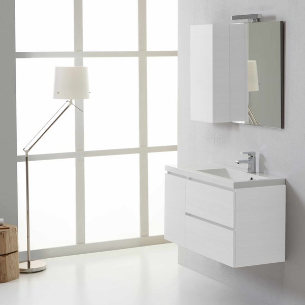 Badezimmermöbel-Set bestehend aus Unterschrank, Waschbecken rechts, Spiegel mit Hängeschrank und Lampe | Manhattan