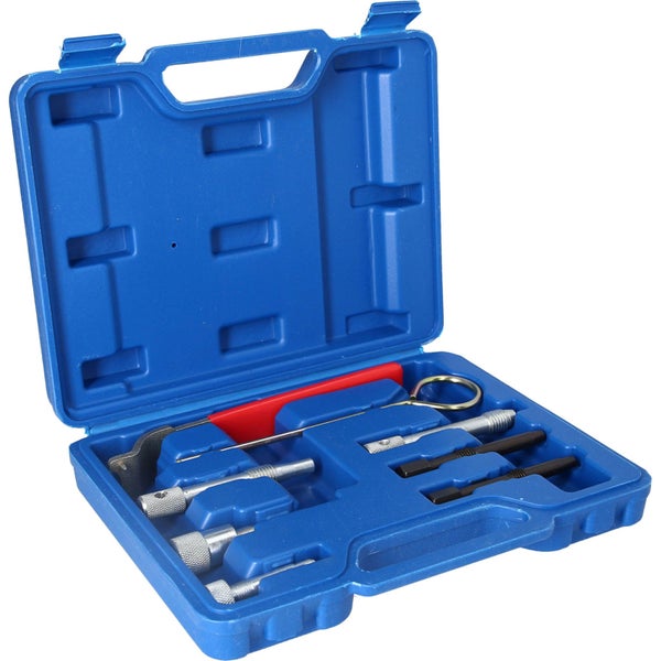 Werkzeugsatz mit Steckschlüsseln, Bits und Schraubenschlüssel in einem blauen Koffer.