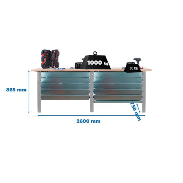 Werkbank BUFFALO WOOD mit 10x Schublade| HxBxT 86,5x260x75cm | Traglast 1000kg | Grau
