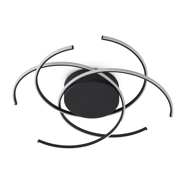 Moderne LED-Deckenleuchte mit drei geschwungenen Armen in Spiralform und schwarzer runder Basis.