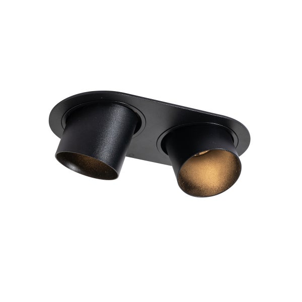 Zweiflammiger Einbaustrahler in Schwarz mit goldfarbenem Innenreflektor.