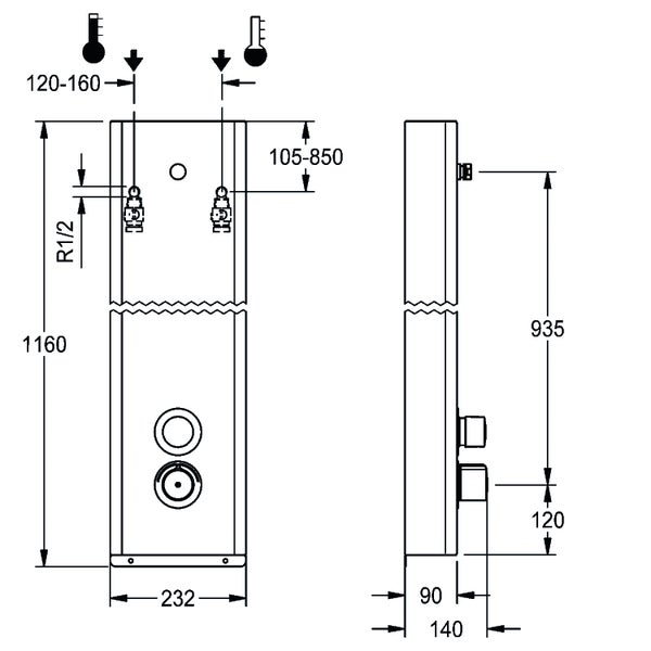 Maßzeichnung eines Duschpaneels mit Front- und Seitenansicht, inklusive Anschlussmaßen und einer Gesamthöhe von 1160 Millimetern.