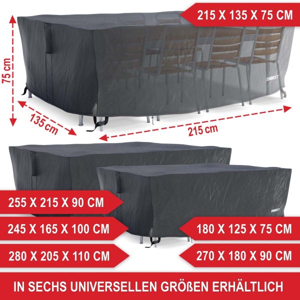 Dunkelgraue Schutzhülle für Gartenmöbel-Sets mit ONBEST Logo in sechs Größen, wetterfest, Maße 215 mal 135 mal 75 Zentimeter.