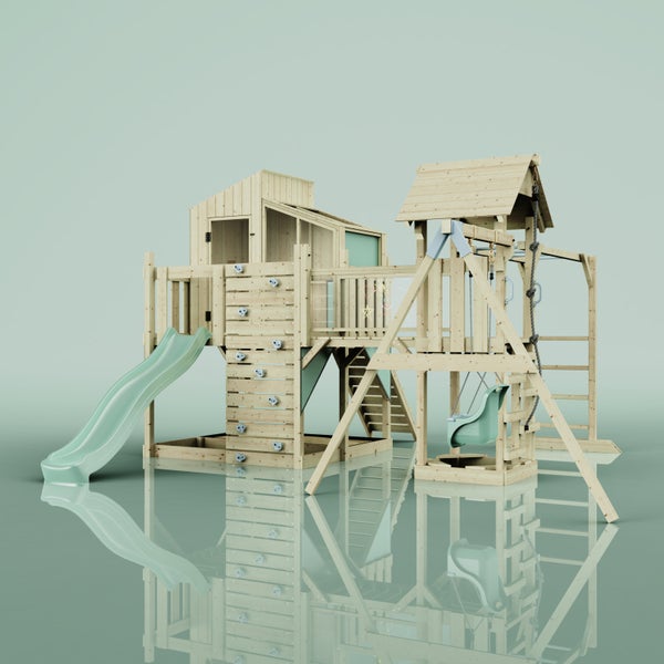 Holzspielplatz mit Rutsche, Schaukel und Kletterwand für den Garten