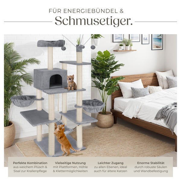 Kratzbaum tectake Lilou inklusive 4 Spielbällen, Kordel und Kippschutz 165 cm grau