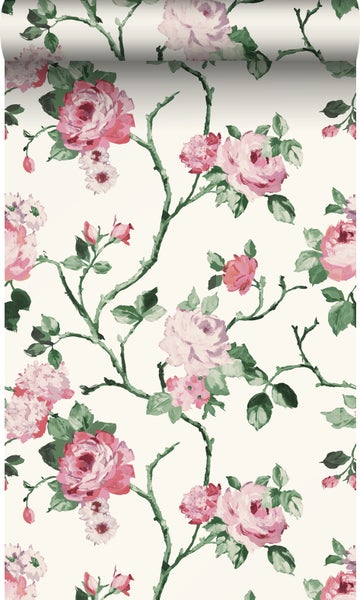 Origin Wallcoverings Tapete Blumen Crême-Weiß, Rosa und Grün - 53 cm x 10.05 m - 347434