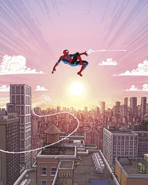 Comic-Szene mit Spider-Man, der sich vor einer Skyline in der Luft befindet