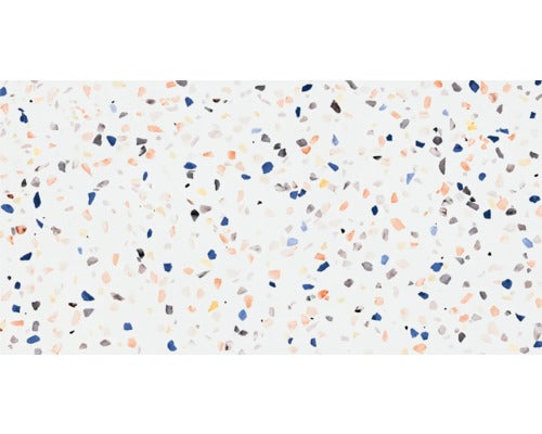 Terrazzo-Muster mit kleinen, farbigen Steinen in einem hellen Hintergrund.